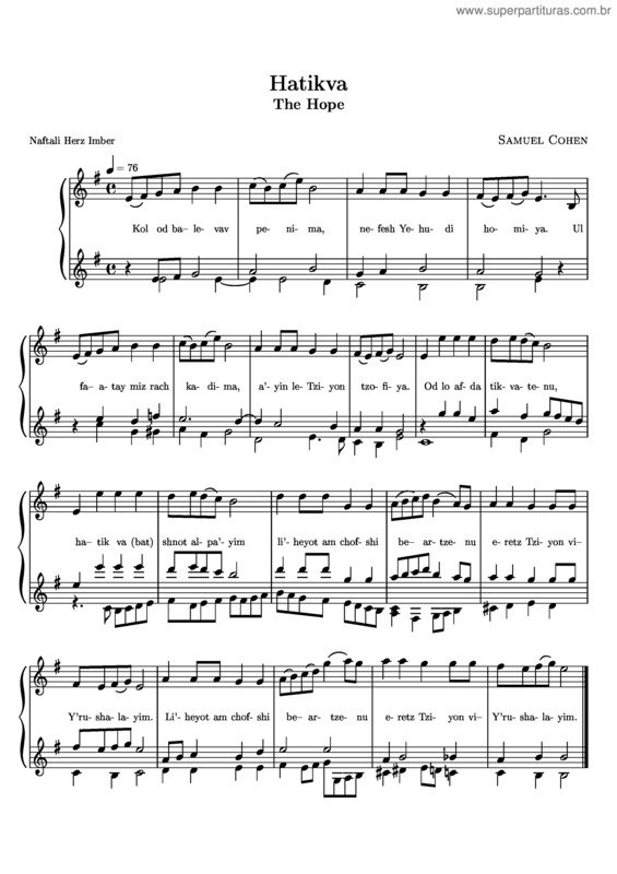 Partitura da música Hatikvah