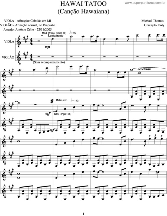 Partitura da música Hawai Tatto