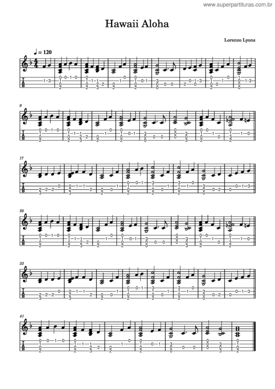 Partitura da música Hawaii Aloha – Lorenzo Lyons
