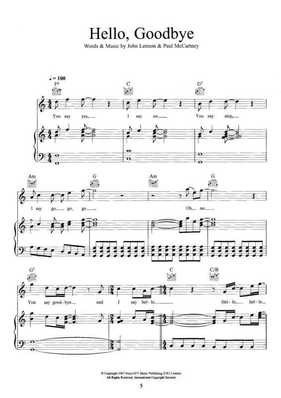 Partitura da música Hello, Goodbye