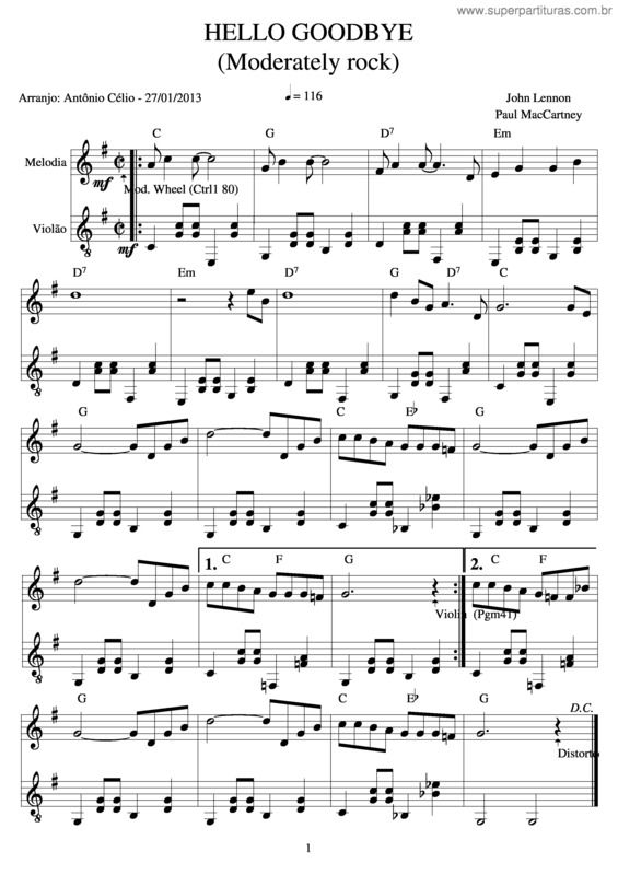 Partitura da música Hello Goodbye v.3