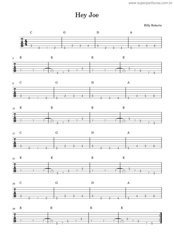 Partitura da música Hey Joe Tablatura