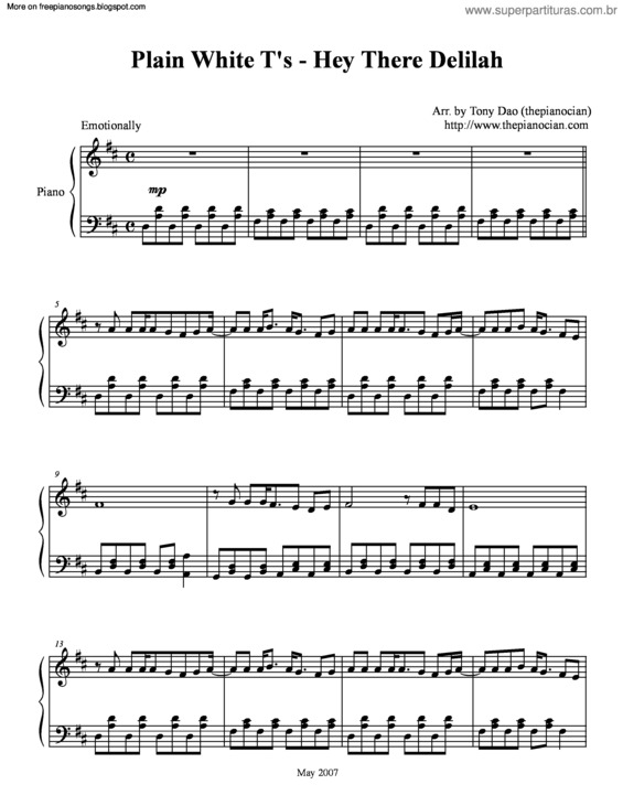 Partitura da música Hey There Delilah v.2