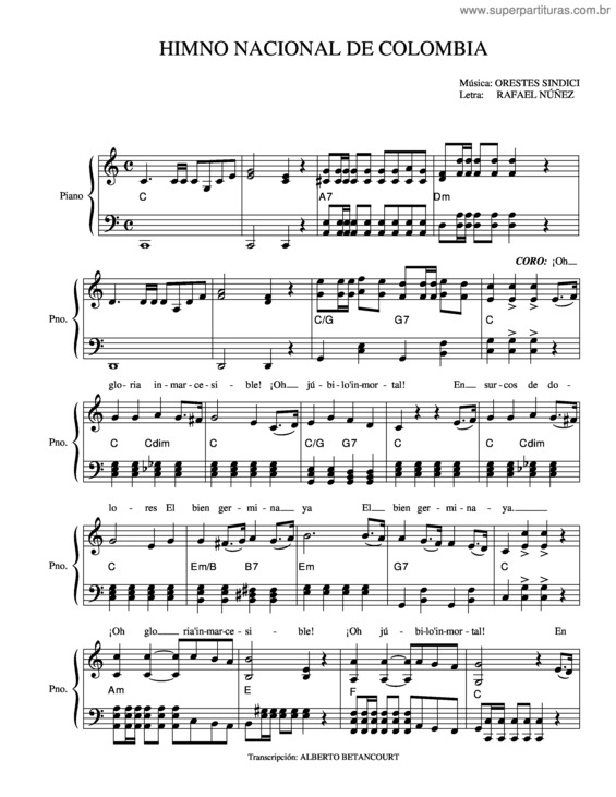 Partitura da música Himno Nacional de la República de Colombia