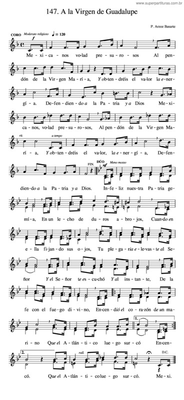 Partitura da música Himno Patriótico A La Virgen De Guadalupe – P. Arzoz Basarte.