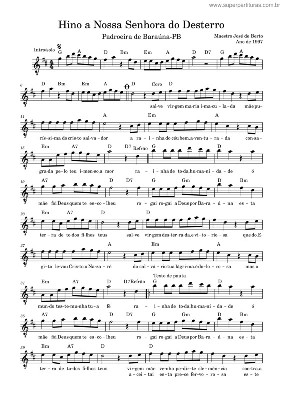 Partitura da música Hino A Nossa Senhora Do Desterro