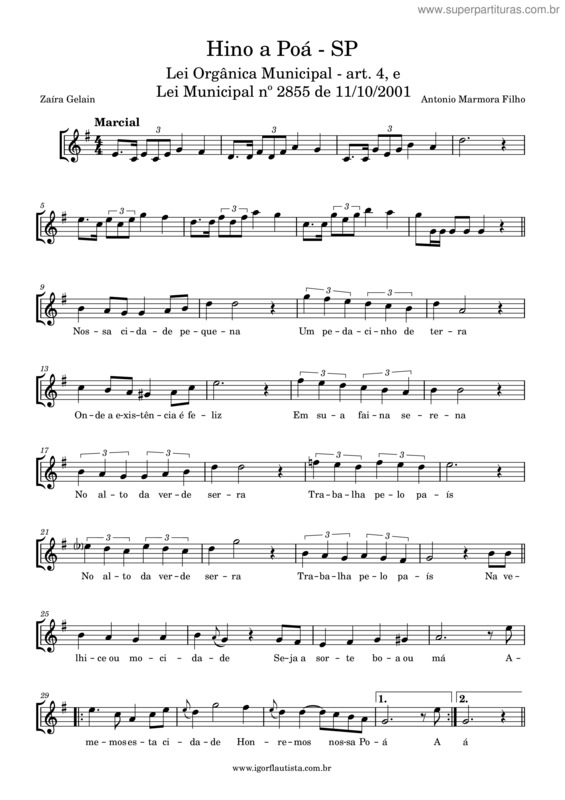 Partitura da música Hino A Poá – Sp