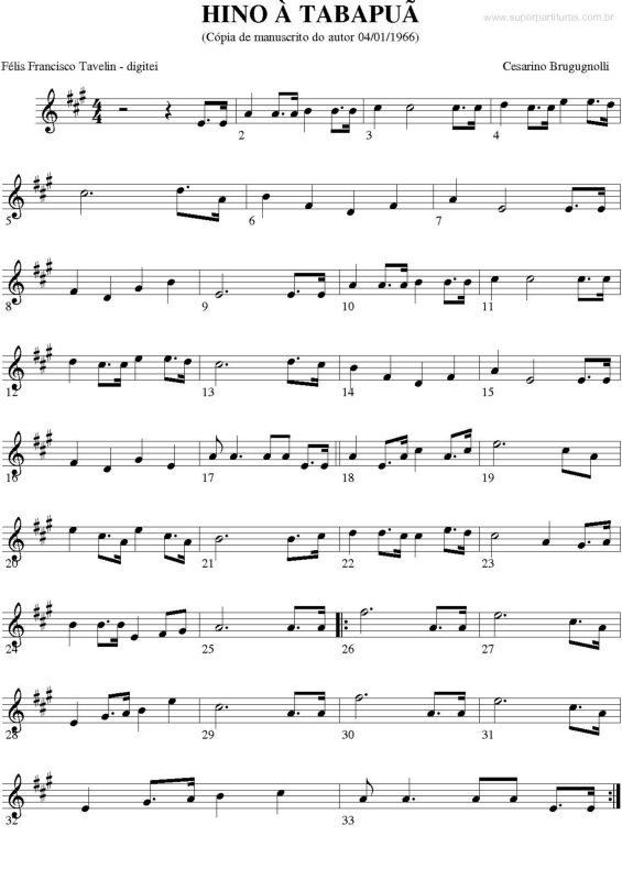 Partitura da música Hino à Tabapuã