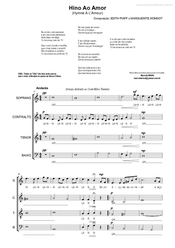 Partitura da música Hino ao Amor (Hymne À L`Amour)