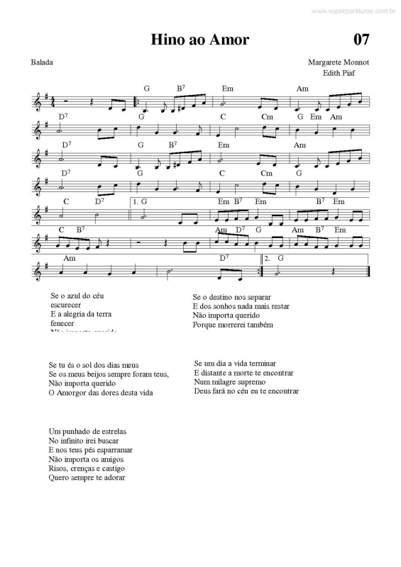 Partitura da música Hino ao Amor