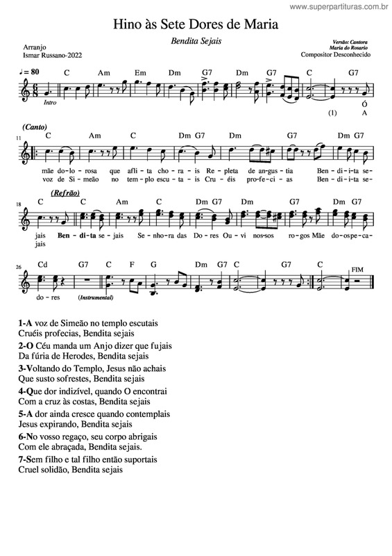 Partitura da música Hino Às Sete Dores De Maria