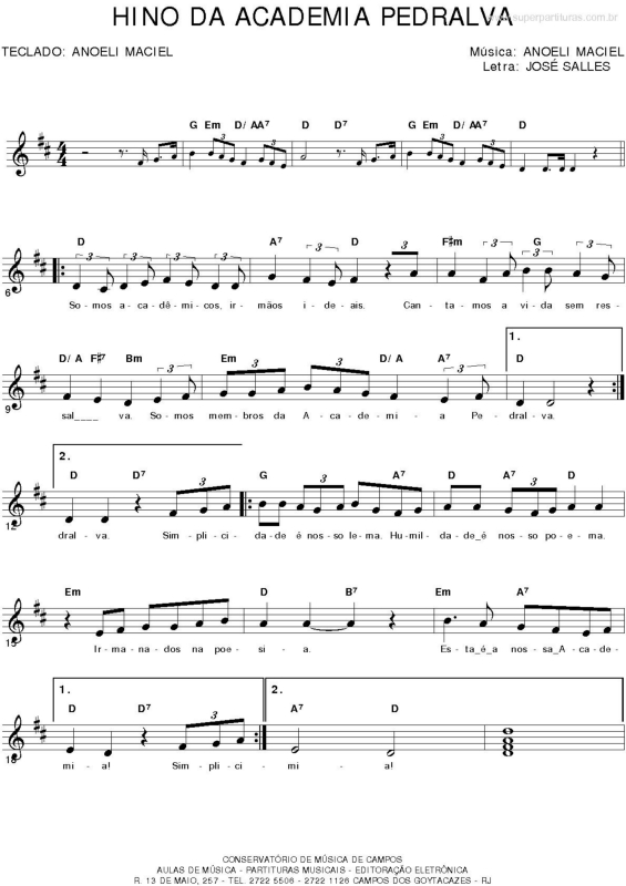 Partitura da música Hino da Academia Pedralva