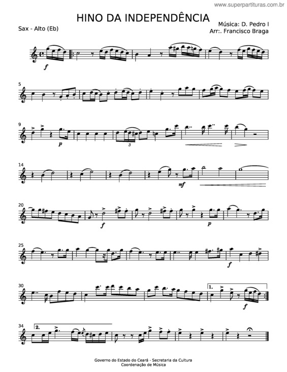 Partitura da música Hino Da Independência – D Pedro I