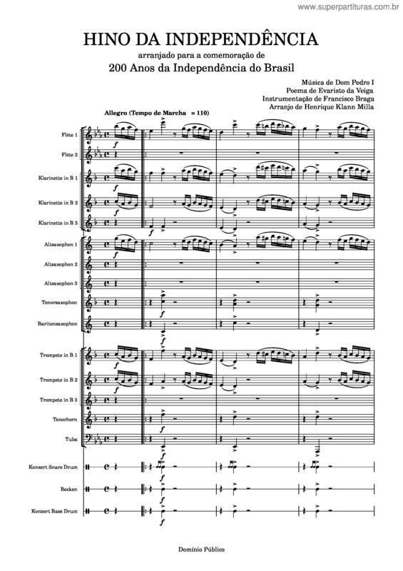 Partitura da música Hino Da Independência Do Brasil