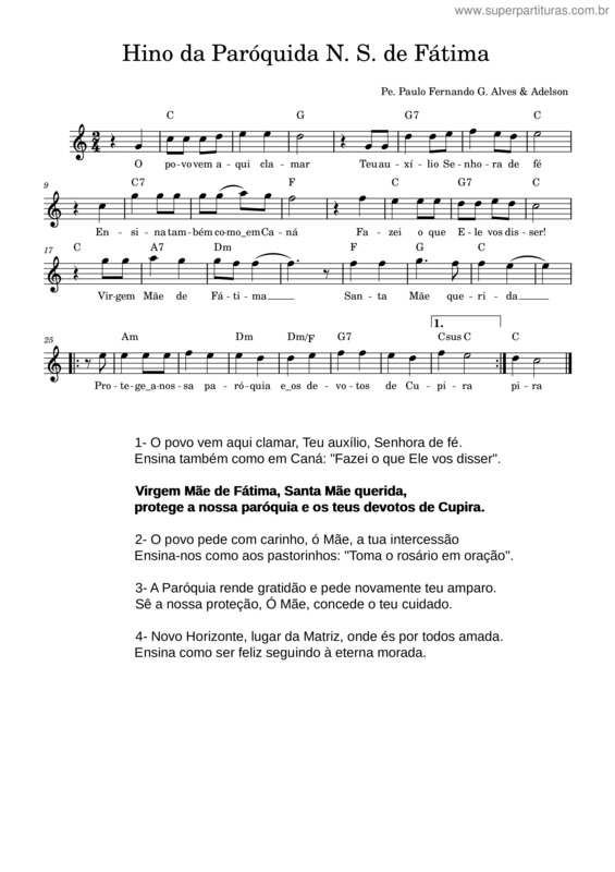 Partitura da música Hino Da Paróquia N. S. De Fátima v.2