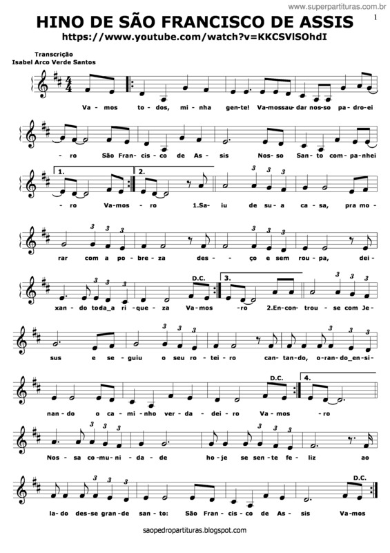 Partitura da música Hino De São Francisco De Assis