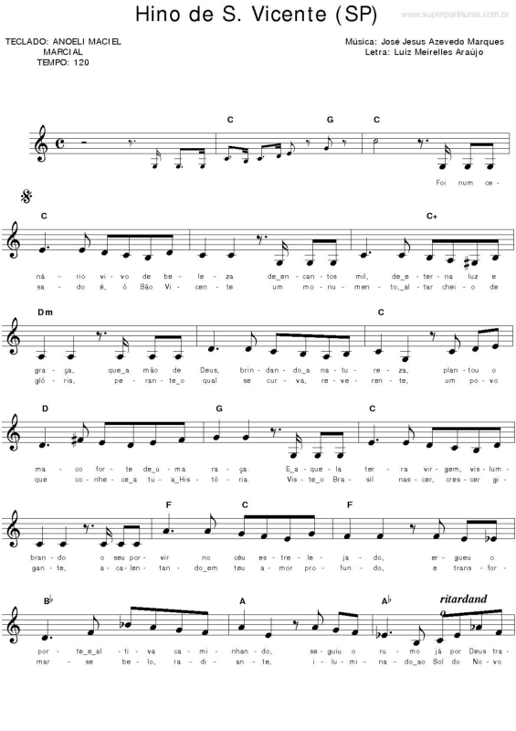 Partitura da música Hino de São Vicente (SP)