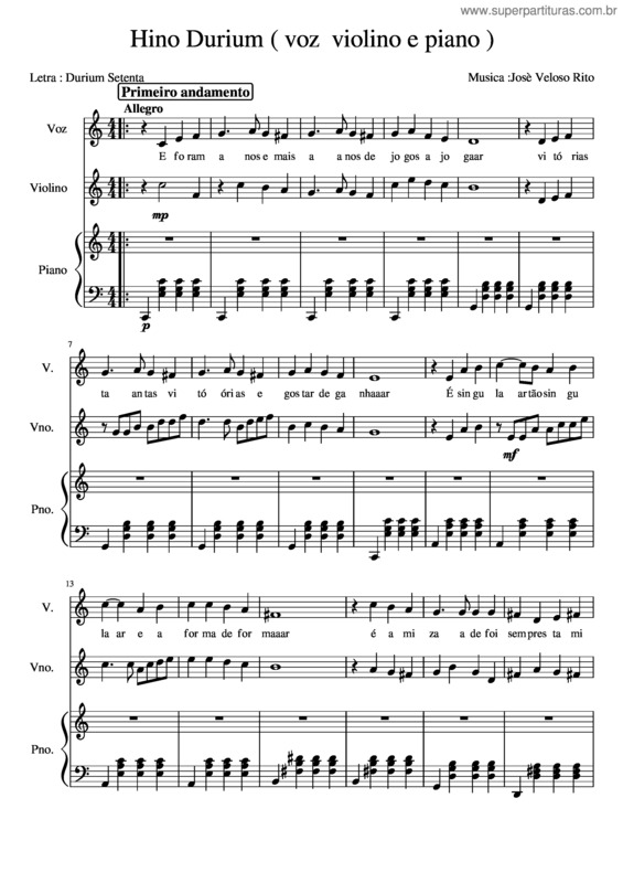 Partitura da música Hino Durium 1.12. 2023  Voz Violino E Piano