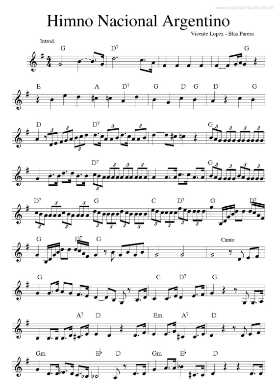 Partitura da música Hino Nacional Argentino