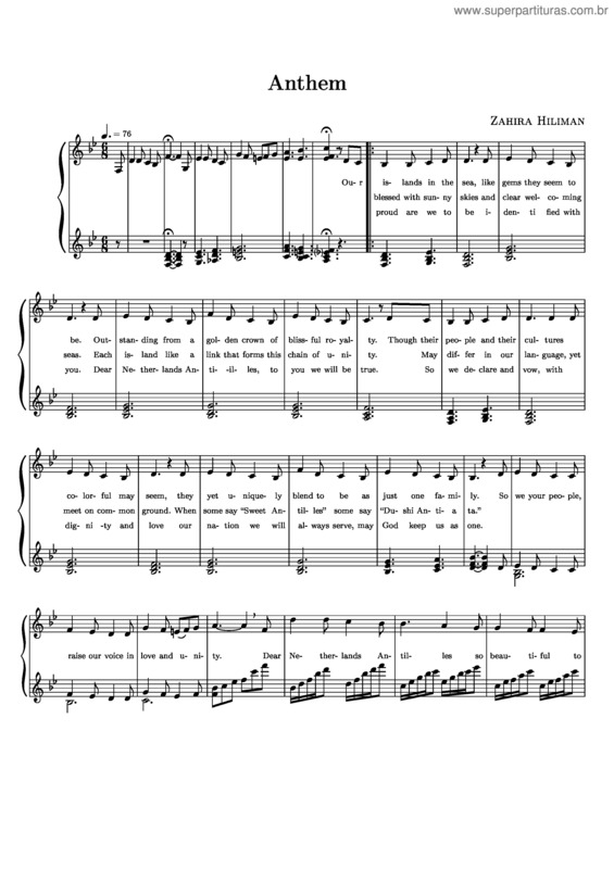 Partitura da música Hino nacional das Antilhas Neerlandesas