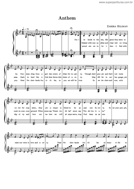 Partitura da música Hino nacional das Antilhas Neerlandesas