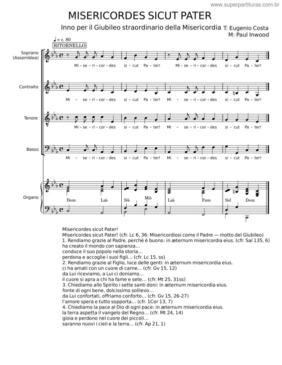 Partitura da música Hino Para O Ano Santo Da Misericórdia – Misericordes Sicut Pater – Paul Inwood E Eugenio Costa