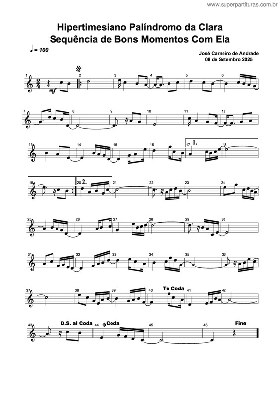 Partitura da música Hipertimesiano Palíndromo Da Clara Sequência De Bons Momentos Com Ela
