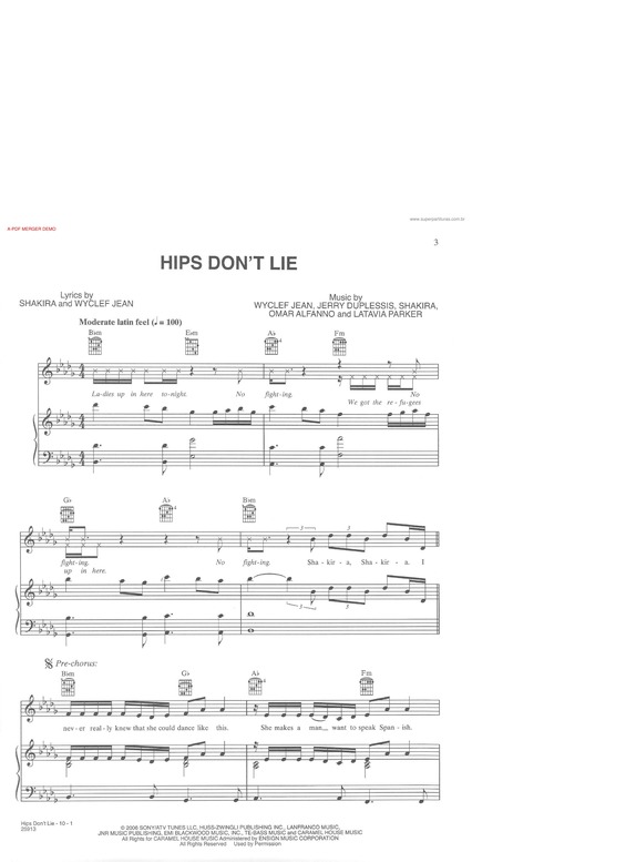 Partitura da música Hips Don`t Lie