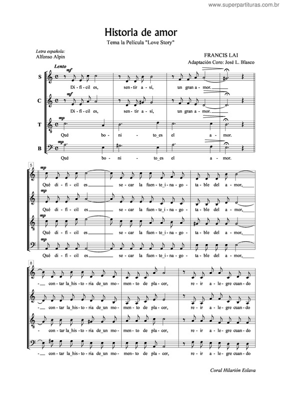 Partitura da música História de Amor (Love Story)