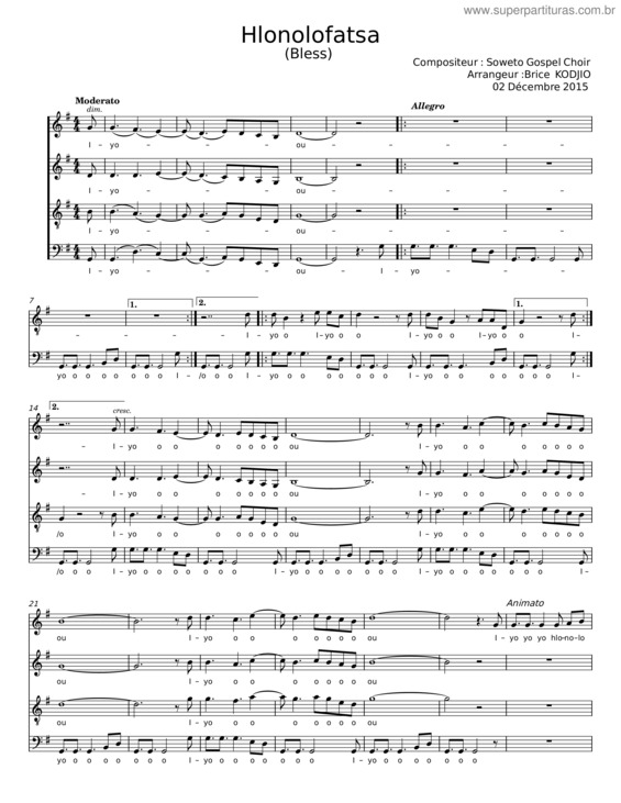 Partitura da música Hlonolofatsa – Soweto Gospel Choir