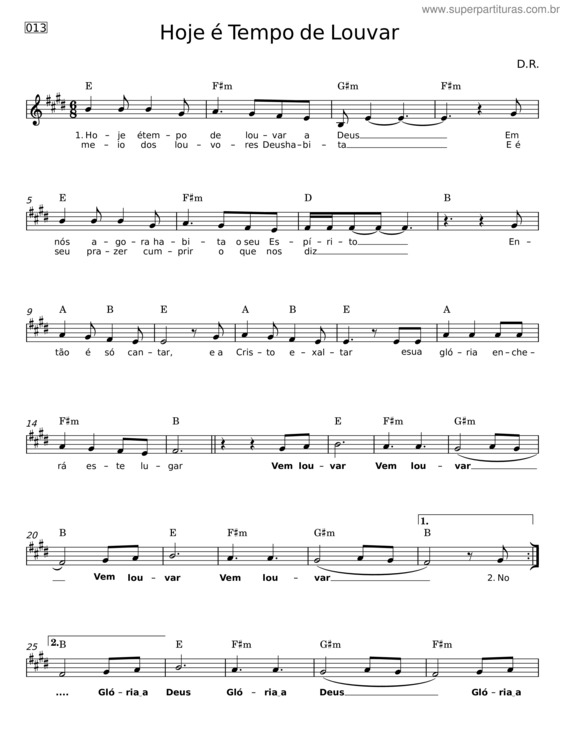 Partitura da música Hoje É Tempo De Louvar