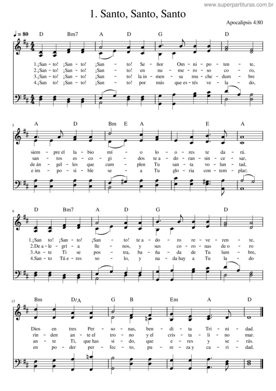 Partitura da música Holy, Holy, Holy! Lord God Almighty! – Reginald Heber Santo, Santo, Santo #4 – D