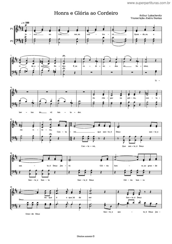 Partitura da música Honra E Glória Ao Cordeiro