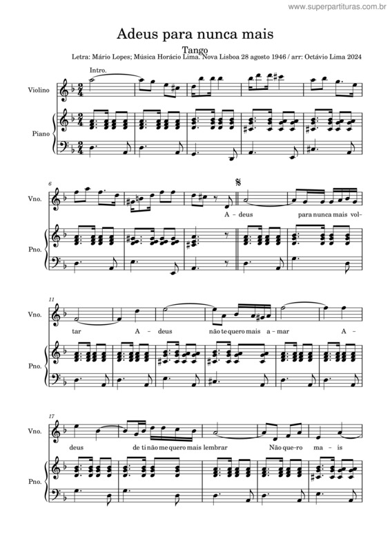 Partitura da música Horácio Lima, Adeus Para Nunca Mais