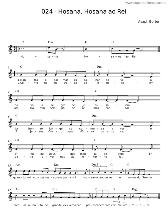 Partitura da música Hosana, Hosana Ao Rei – Asaph Borba