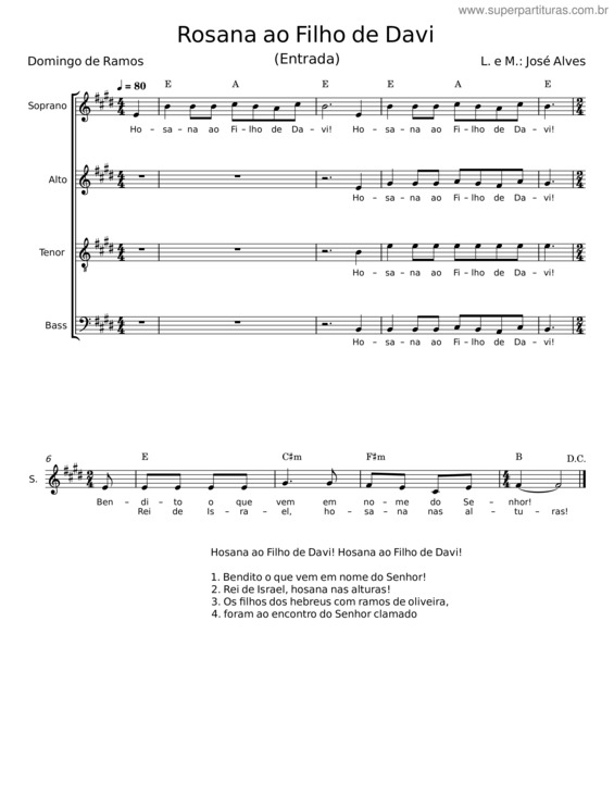 Partitura da música Hosana Ao Filho De Davi – José Alves Braga v.2