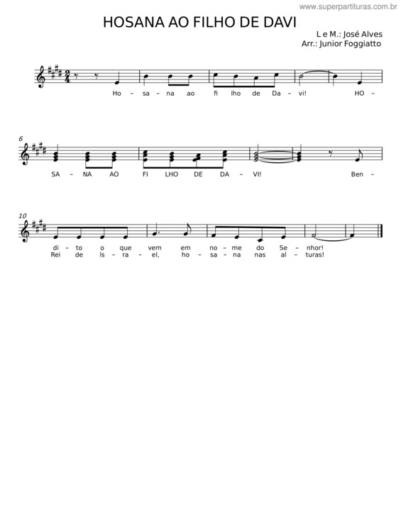 Partitura da música Hosana Ao Filho De Davi – José Alves Braga