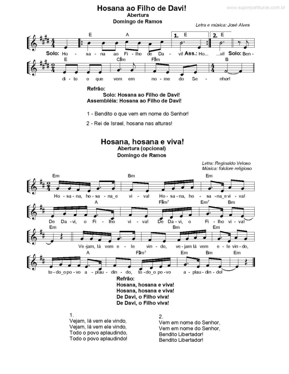 Partitura da música Hosana ao Filho de Davi