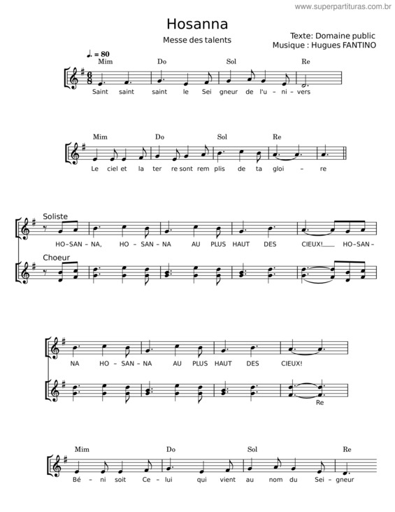 Partitura da música Hosanna – Hugues Fantino