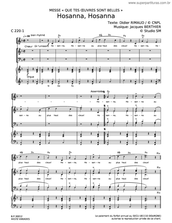 Partitura da música Hosanna – Jacques Berthier
