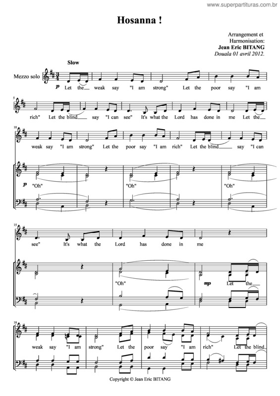 Partitura da música Hosanna !