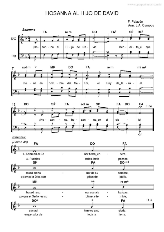 Partitura da música Hosanna al Hijo de David