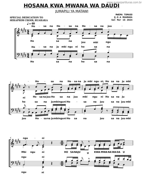 Partitura da música Hosanna Kwa Mwana Wa Daudi