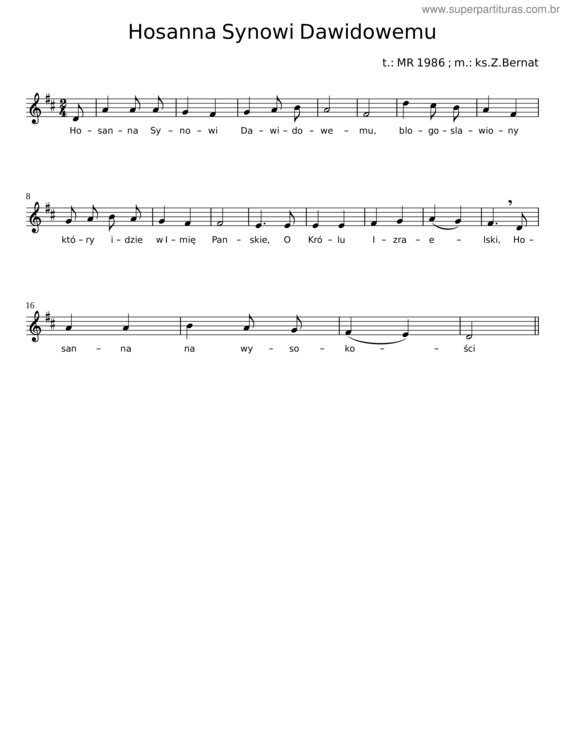 Partitura da música Hosanna Synowi Dawidowemu – Mr 1986;Ks. Z. Bernat