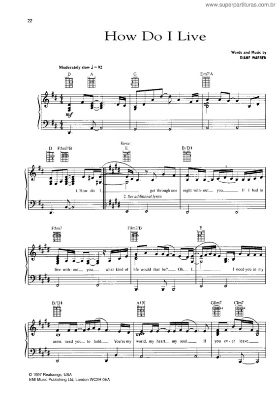 Partitura da música How Do I Live v.2