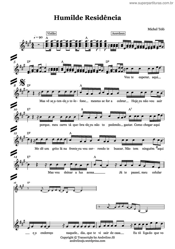 Partitura da música Humilde Residência