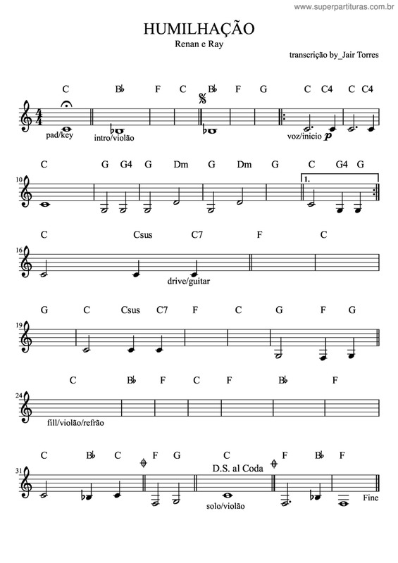 Partitura da música Humilhação