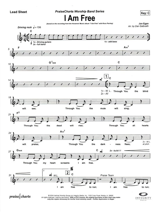 Partitura da música I Am Free ( Eu sou Livre)