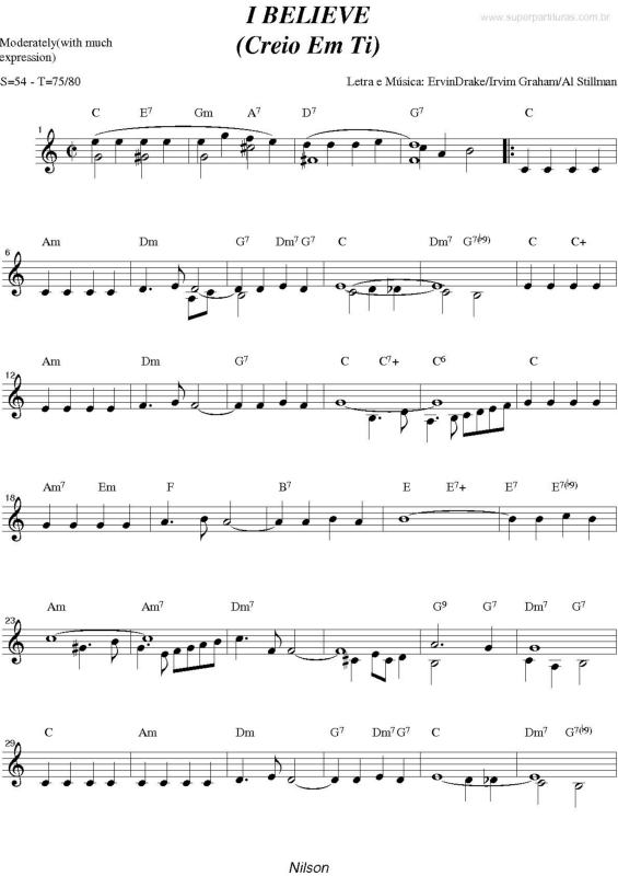 Partitura da música I Believe (Creio em Ti)