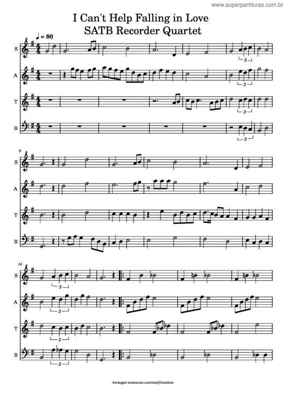 Partitura da música I Can`T Help Falling In Love With You Satb Recorder Quartet